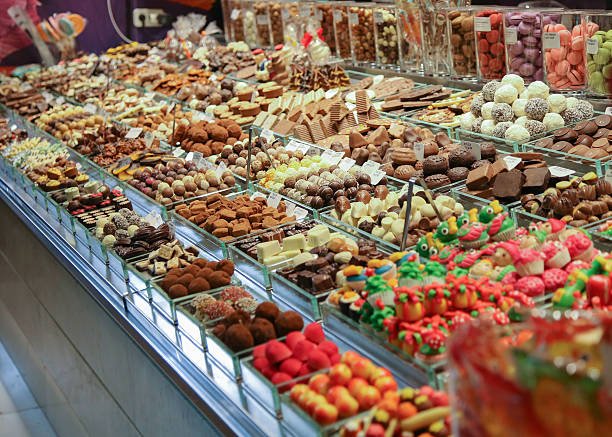Display of delicious chocolate at a shop in the Boqueria Market in Barcelona
